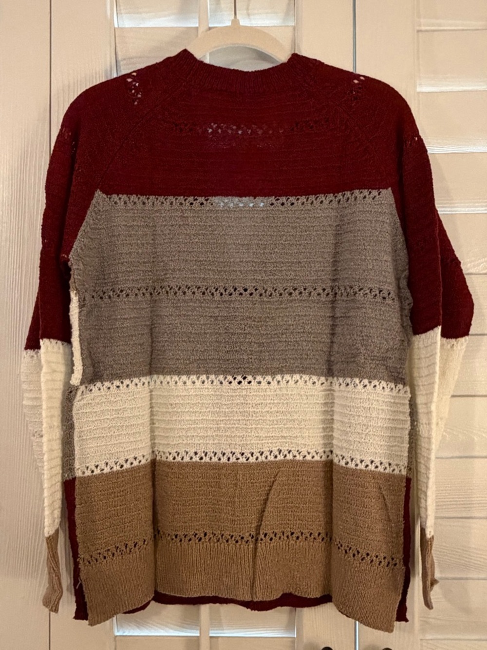 Colorblock Button-Front Cardigan Sweater - Burgundy/Beige/Gray/White - Picture 7 of 8